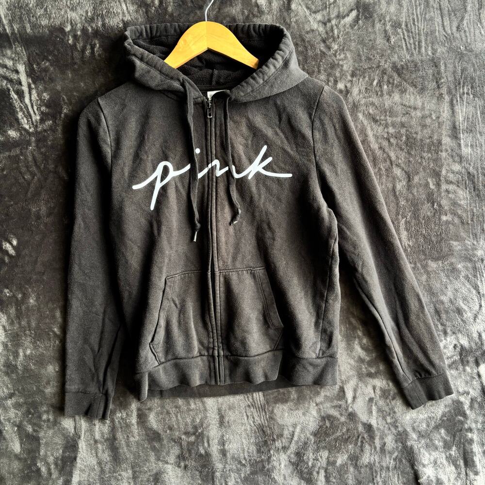 Victorias Secret Pink Hoodie Womens Size Small Zip Up Black
